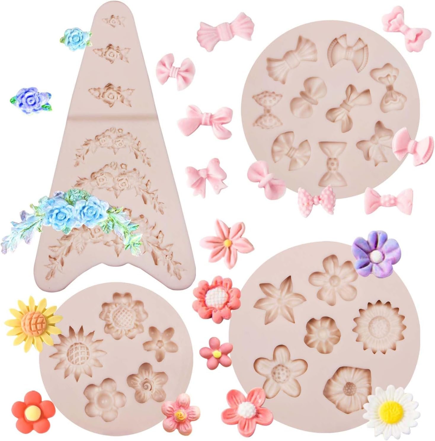 Rose Wreath Fondant Mold. 4 Packs Mini Flowers Garland Bow Silicone Chocolate Molds for Cake Decoration. Cupcake Toppers Wedding Birthday Party Fence Decor. Candy Clay Resin - 图片 18