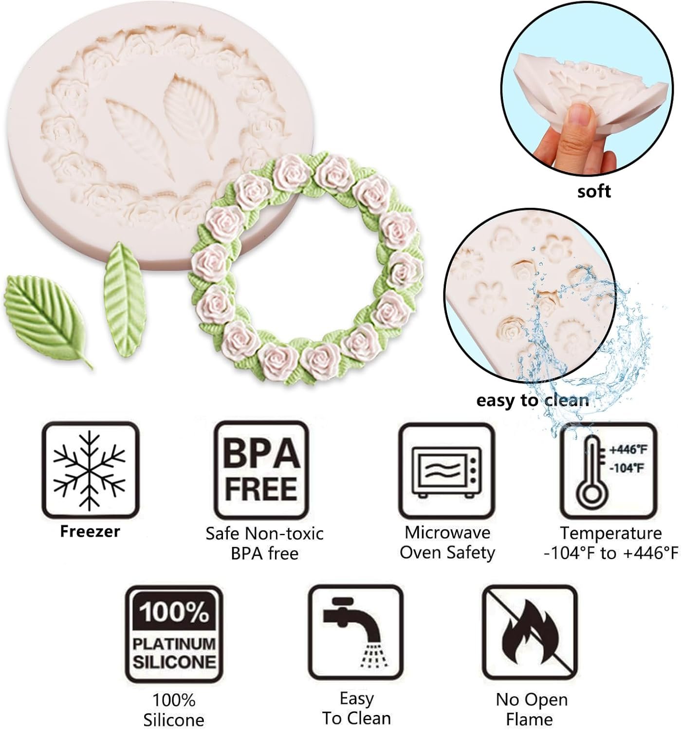 Rose Wreath Fondant Mold. 4 Packs Mini Flowers Garland Bow Silicone Chocolate Molds for Cake Decoration. Cupcake Toppers Wedding Birthday Party Fence Decor. Candy Clay Resin - 图片 4