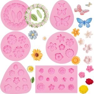 Mini Rose Flowers Chocolate Silicone Molds. 5 Packs Plumeria Fondant Molds Chrysanthemum Mould for Birthday Cake Decoration Cupcake Toppers Sugar Craft Cookie Polymer Clay Resin