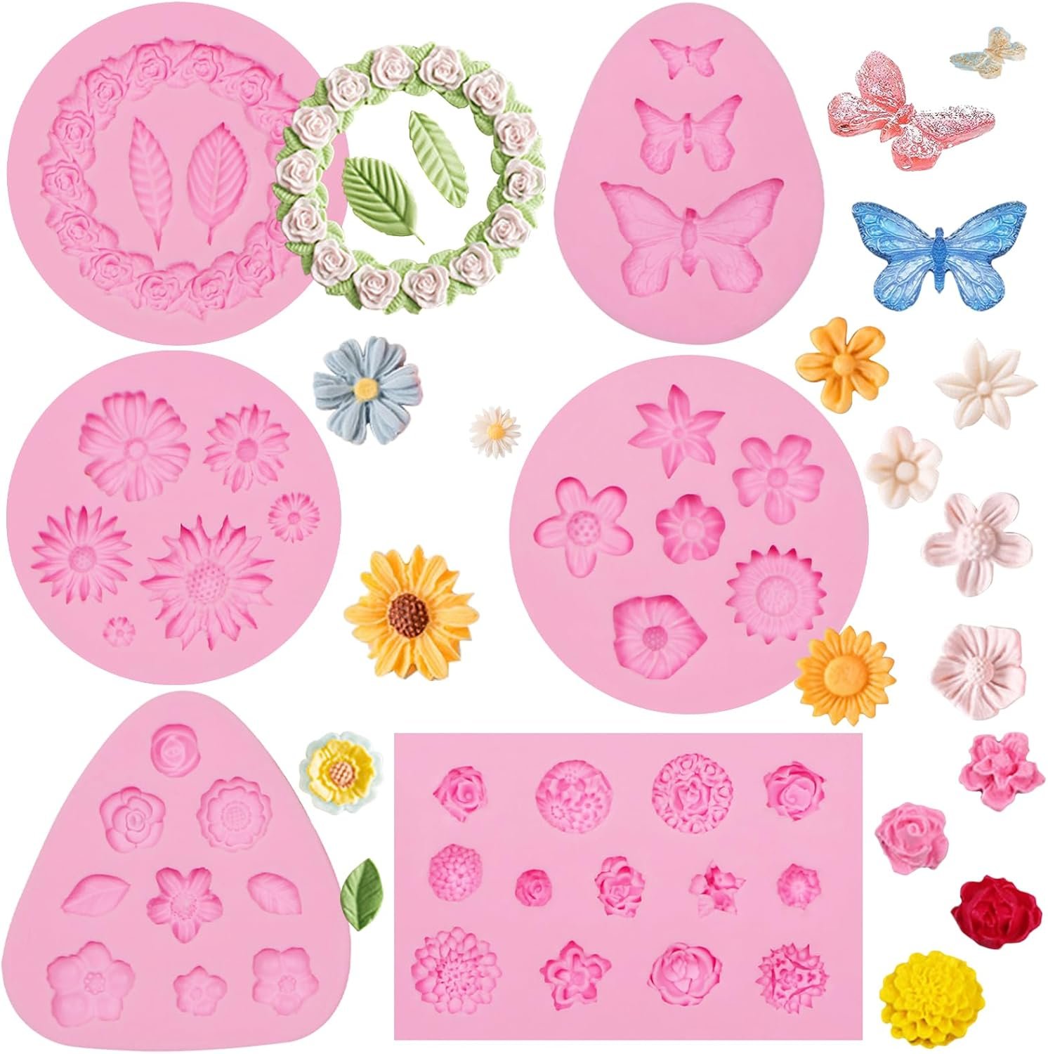Mini Rose Flowers Chocolate Silicone Molds. 5 Packs Plumeria Fondant Molds Chrysanthemum Mould for Birthday Cake Decoration Cupcake Toppers Sugar Craft Cookie Polymer Clay Resin