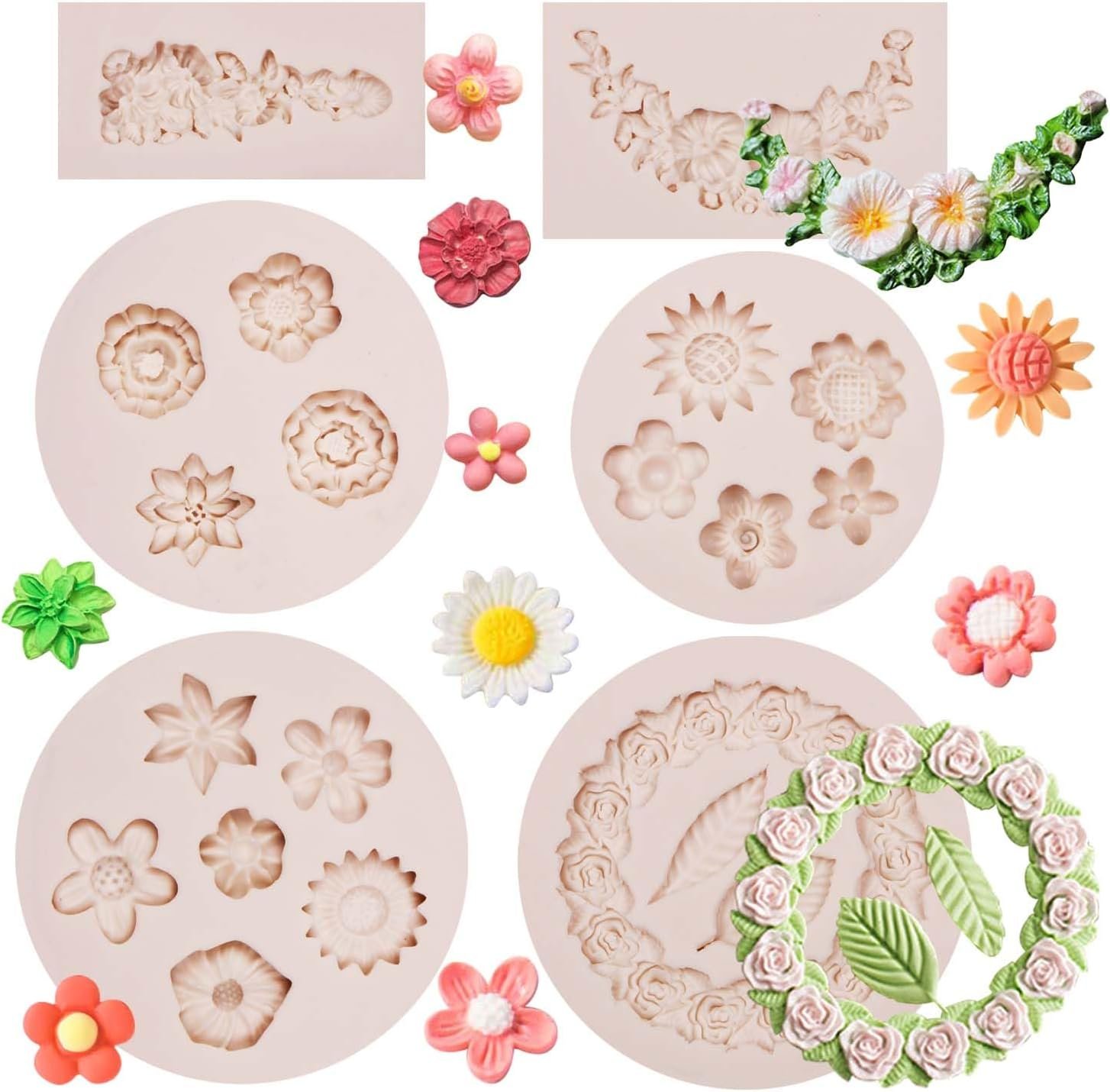 Rose Wreath Fondant Mold. 4 Packs Mini Flowers Garland Bow Silicone Chocolate Molds for Cake Decoration. Cupcake Toppers Wedding Birthday Party Fence Decor. Candy Clay Resin - 图片 9