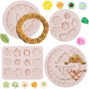 Rose Wreath Fondant Mold. 4 Packs Mini Flowers Garland Bow Silicone Chocolate Molds for Cake Decoration. Cupcake Toppers Wedding Birthday Party Fence Decor. Candy Clay Resin