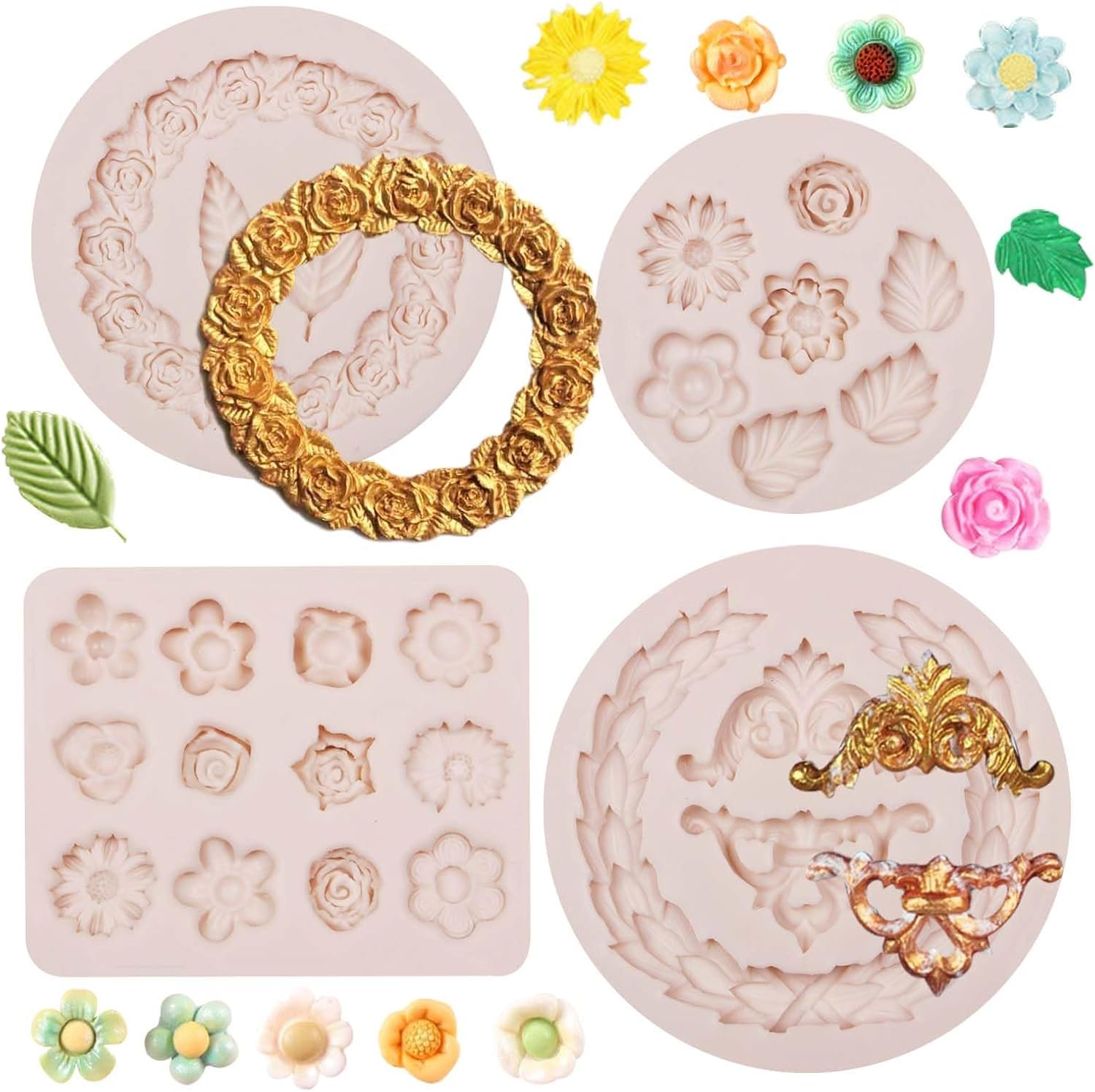 Rose Wreath Fondant Mold. 4 Packs Mini Flowers Garland Bow Silicone Chocolate Molds for Cake Decoration. Cupcake Toppers Wedding Birthday Party Fence Decor. Candy Clay Resin