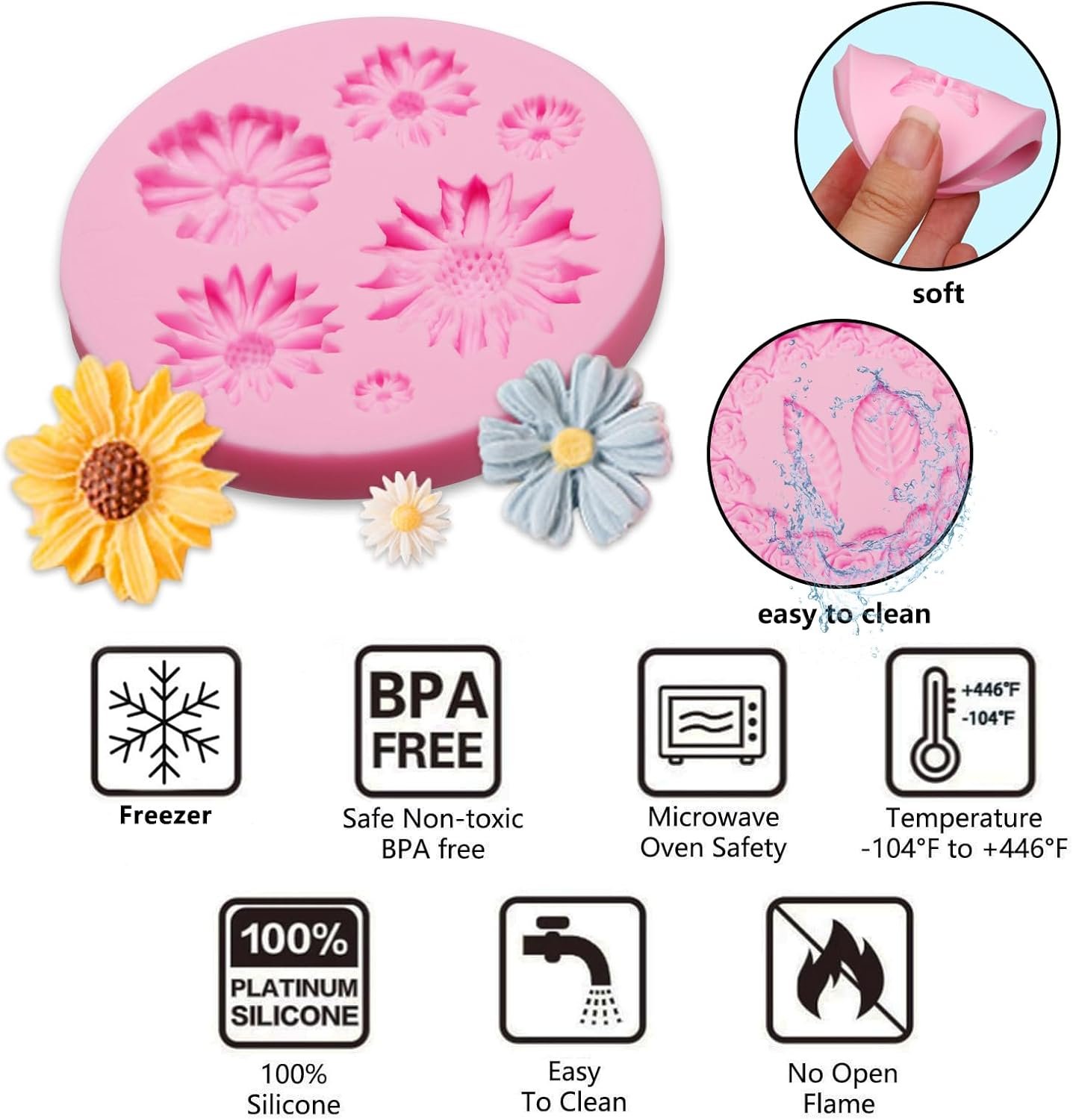 Mini Rose Flowers Chocolate Silicone Molds. 5 Packs Plumeria Fondant Molds Chrysanthemum Mould for Birthday Cake Decoration Cupcake Toppers Sugar Craft Cookie Polymer Clay Resin - 图片 4