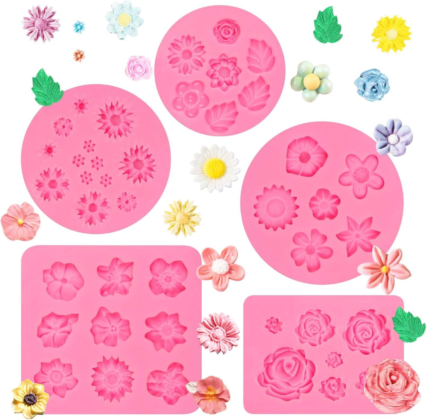 Mini Rose Flowers Chocolate Silicone Molds. 5 Packs Plumeria Fondant Molds Chrysanthemum Mould for Birthday Cake Decoration Cupcake Toppers Sugar Craft Cookie Polymer Clay Resin - 图片 10
