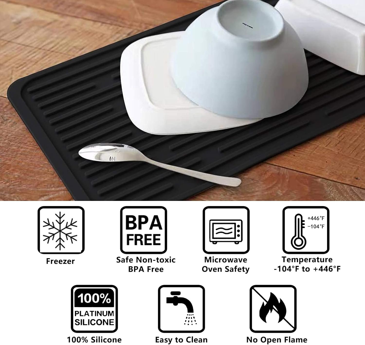 (2 Pack) Black Silicone Dish Drying Mat Silicone Kitchen Countertop Drying Mat for Pots. Pans. Glassware. Silverware - 图片 4
