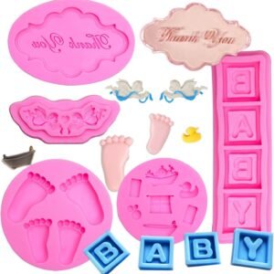 Baby Shower Fondant Molds (5 Pack). Cute Silicone Chocolate. Feet Molds. Clothes Decorate Mould for Baby Baptism Theme Party. Cake Baking. Cupcake Decorating. Chocolate. Gummy. Candy