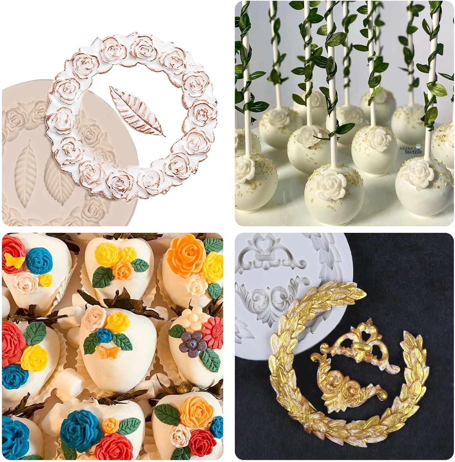 Rose Wreath Fondant Mold. 4 Packs Mini Flowers Garland Bow Silicone Chocolate Molds for Cake Decoration. Cupcake Toppers Wedding Birthday Party Fence Decor. Candy Clay Resin - 图片 6